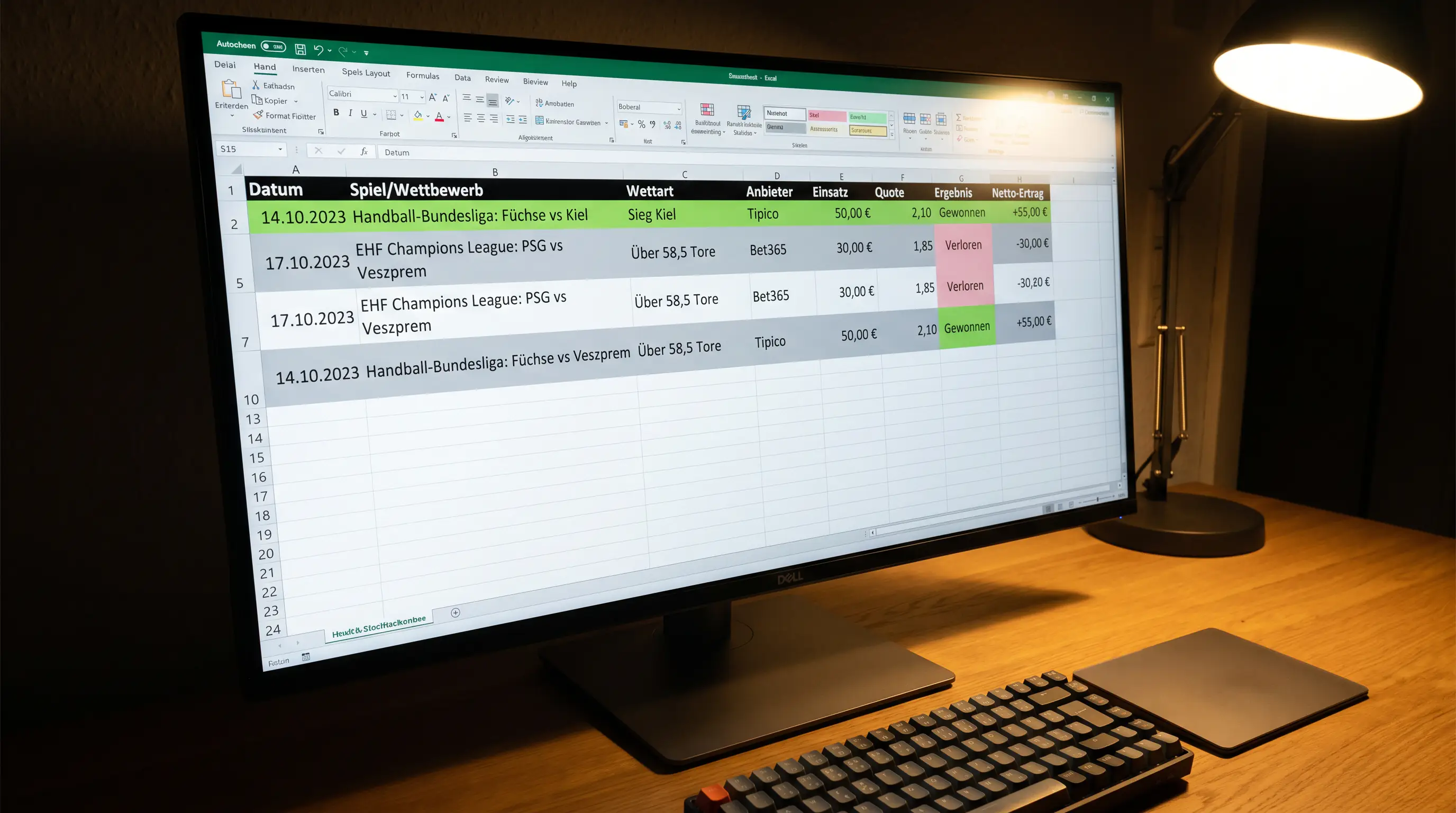 Wettprotokoll-Tabelle für Handball-Sportwetten – Einsätze, Quoten und Ergebnisse systematisch aufzeichnen