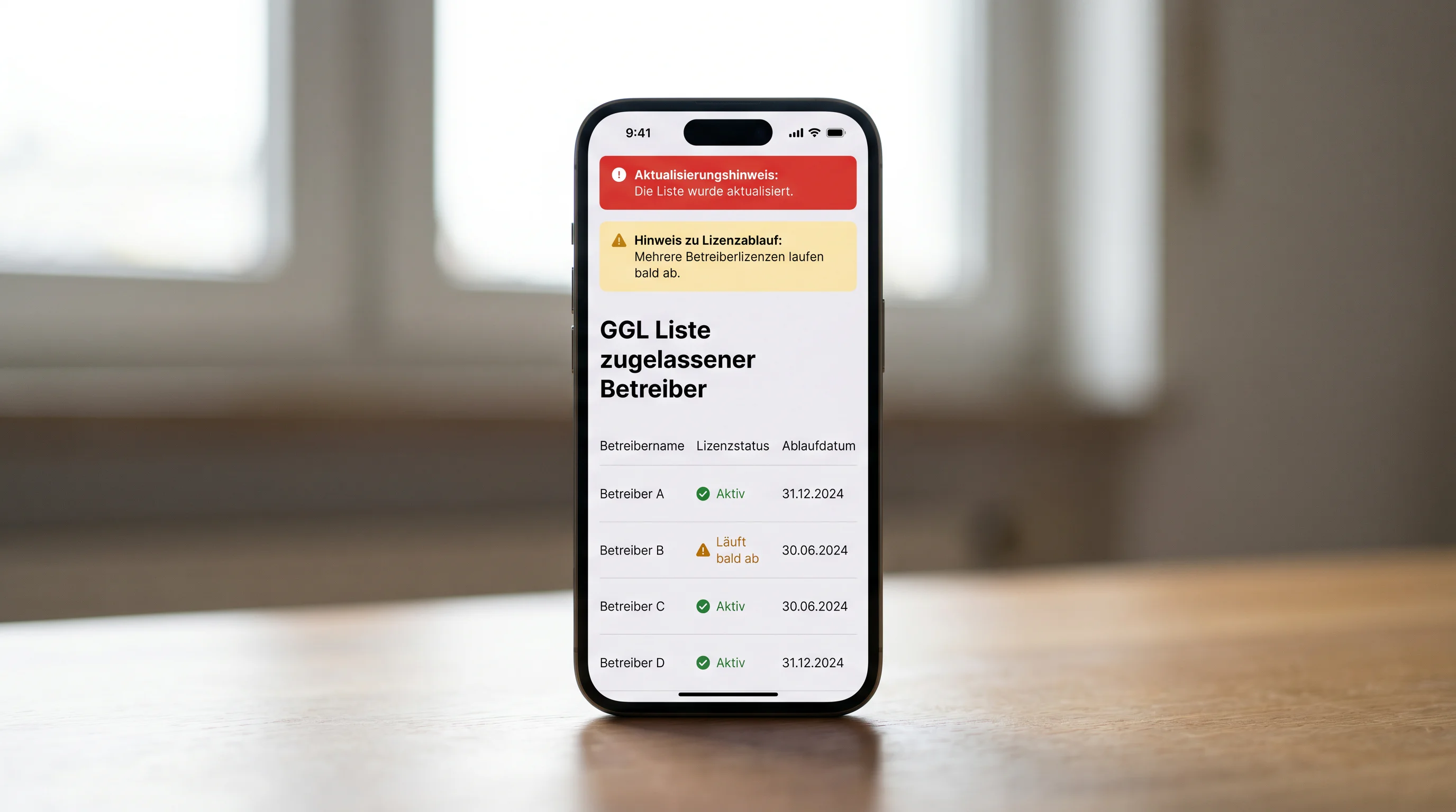 Hinweis auf regelmäßige Whitelist-Prüfung: Smartphone mit aktueller GGL-Lizenzliste für Handball-Wettanbieter