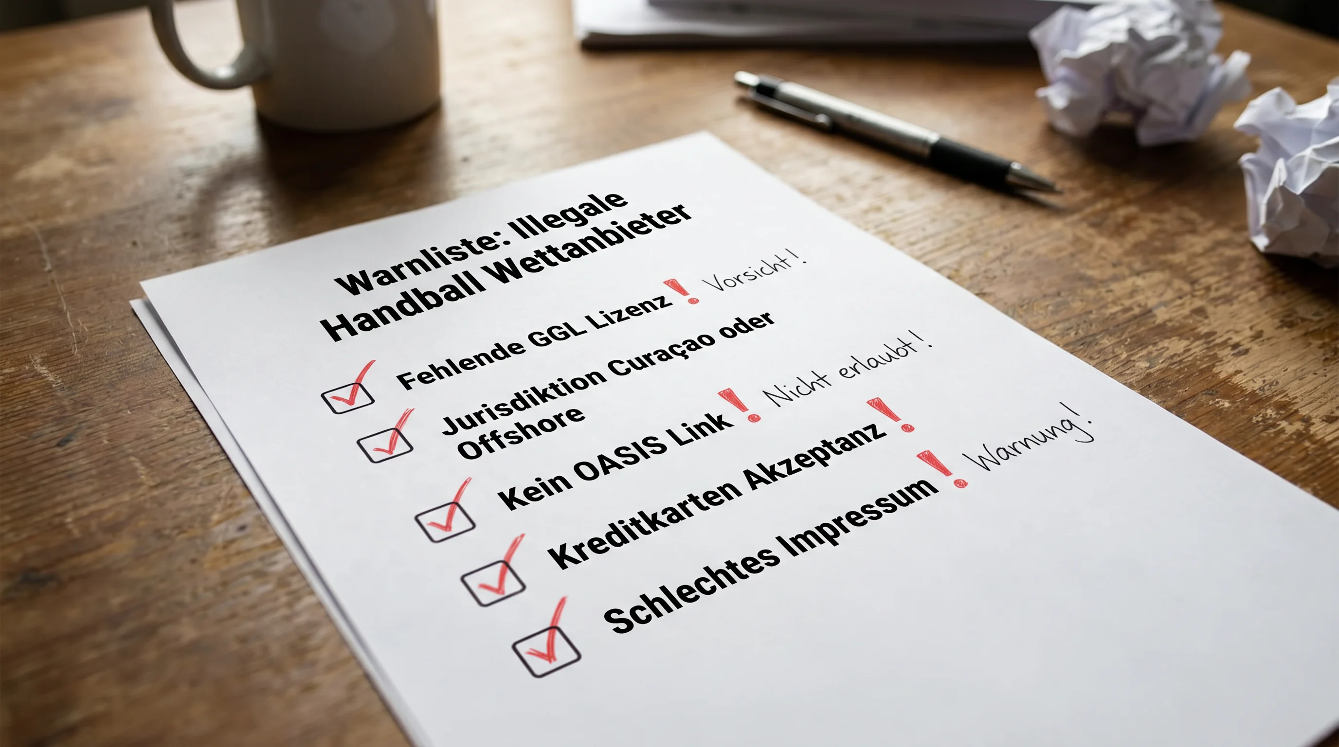 Checkliste mit Warnsignalen für illegale Handball-Wettanbieter: fehlende GGL-Lizenz, Offshore-Jurisdiktion und kein OASIS-Anschluss