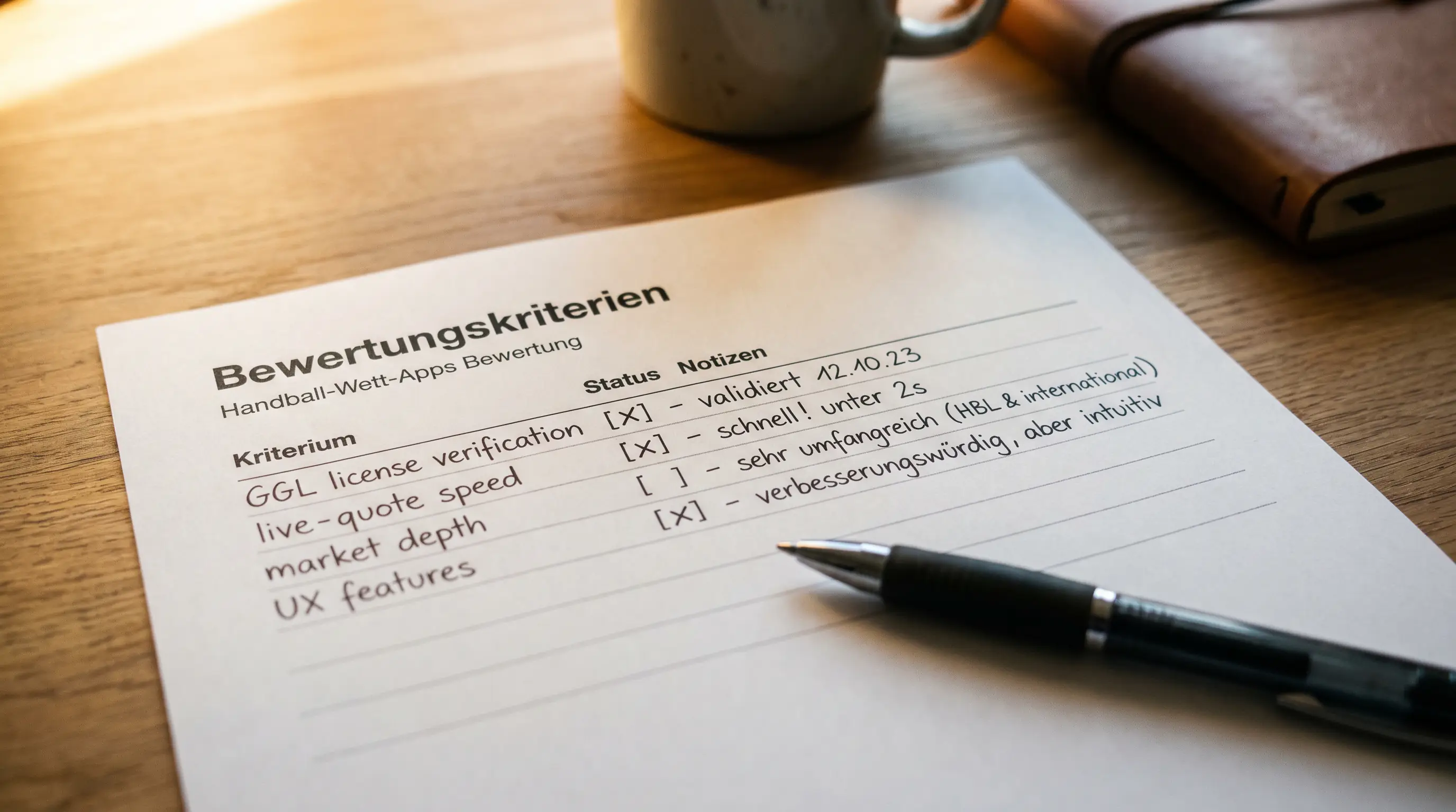 Checkliste mit Bewertungskriterien für eine Handball-Wetten-App, darunter GGL-Lizenz und Live-Quoten