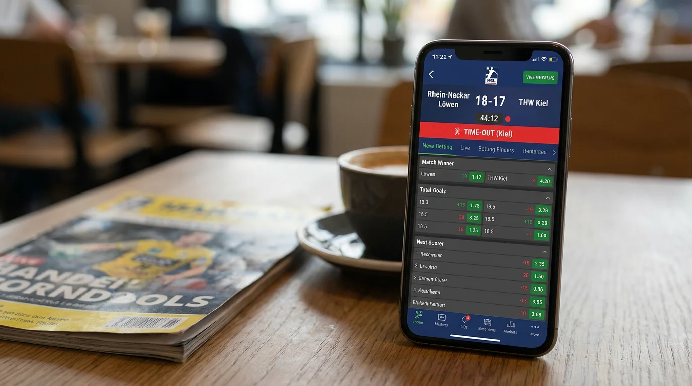Live-Wetten-Oberfläche einer Handball-App mit aktuellen Quoten und Zeitstrafe-Anzeige während eines HBL-Spiels