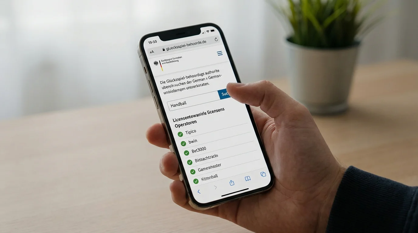 Smartphone zeigt die GGL-Whitelist-Prüfung eines Handball-Wettanbieters in der mobilen Browser-Ansicht