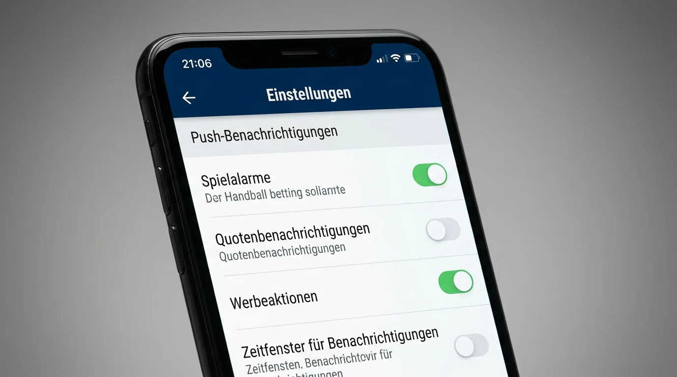 Smartphone-Einstellungsmenü einer Handball-Wetten-App mit konfigurierbaren Push-Benachrichtigungsoptionen