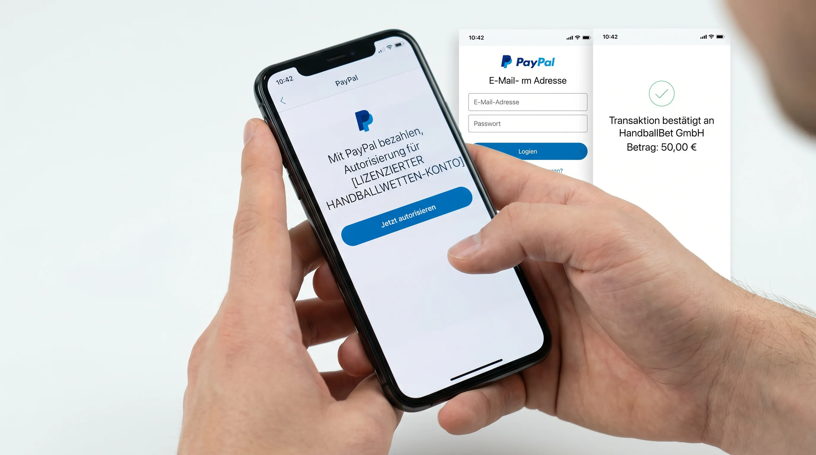 PayPal-Zahlungsbildschirm auf einem Smartphone beim Einzahlen auf ein Handball-Wettkonto eines GGL-lizenzierten Anbieters