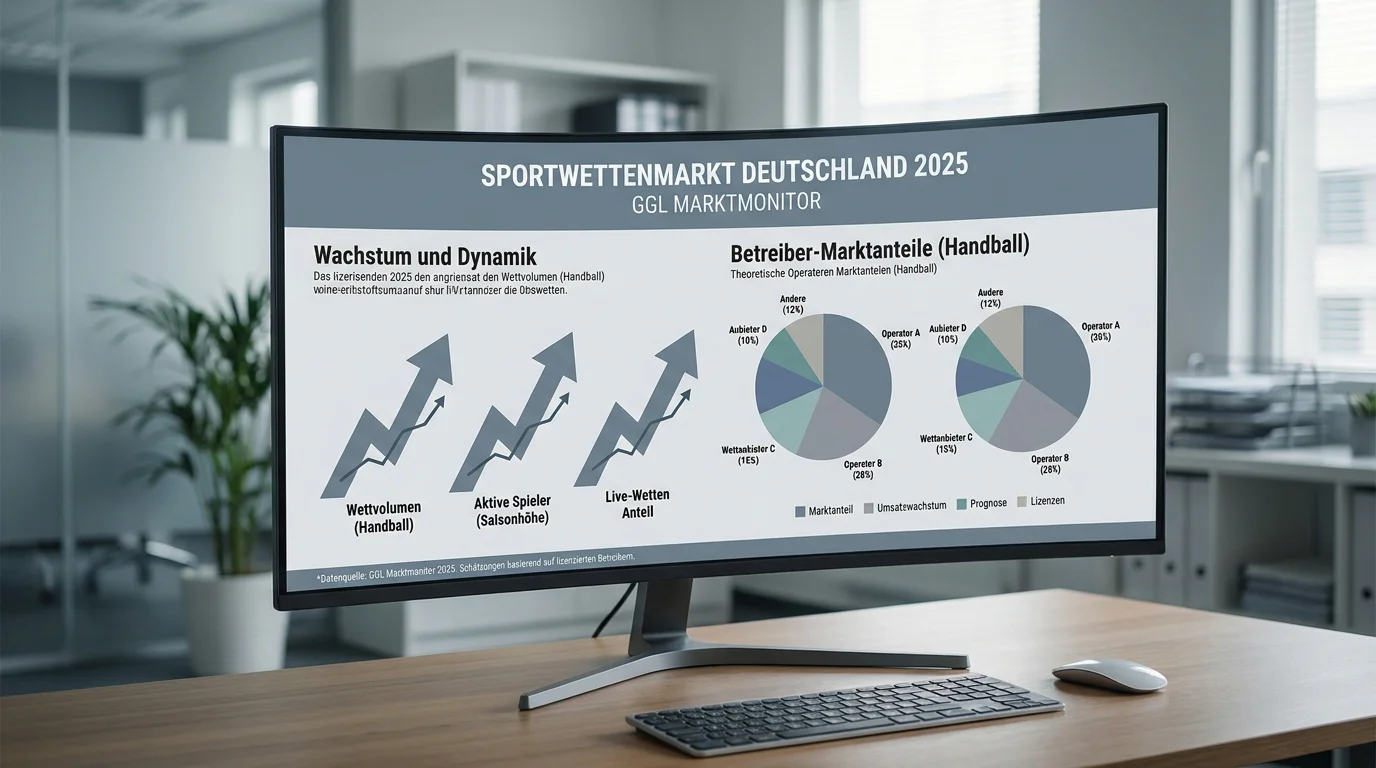 Infografik zum deutschen Handball-Wettmarkt mit Umsatzzahlen und lizenzierten Sportwetten-Anbietern